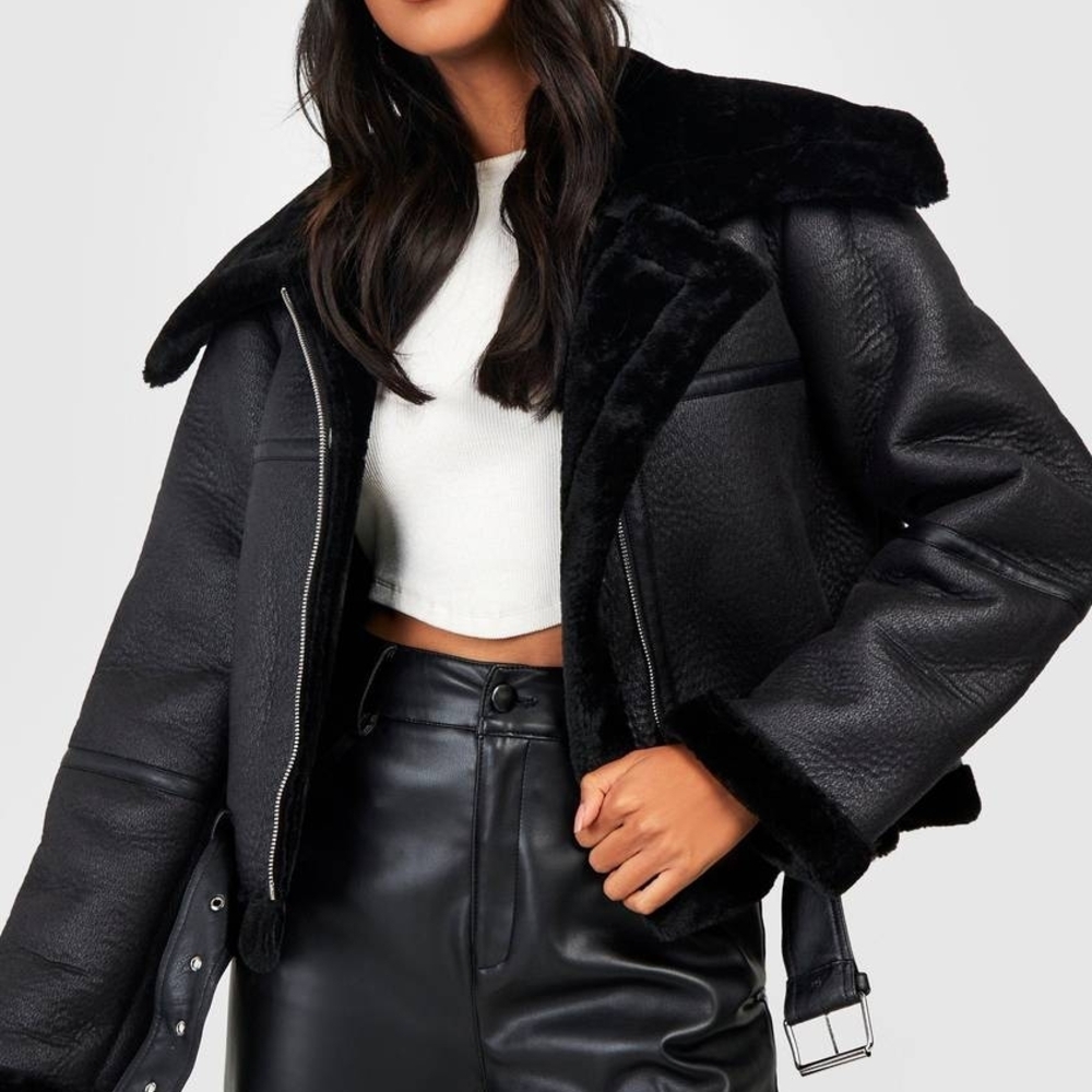 Boohoo Black Faux Leather Aviator Jacket
